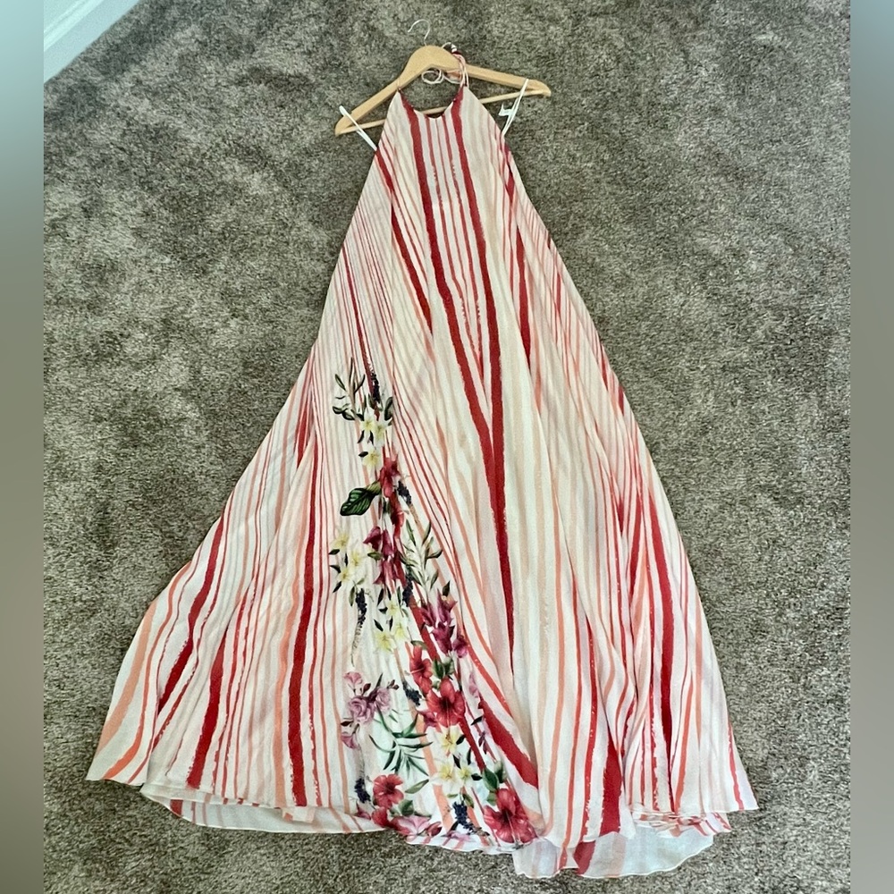 Rococo Sand Flared Halter Maxi Dress in Red/Cream Stripes with Floral Print